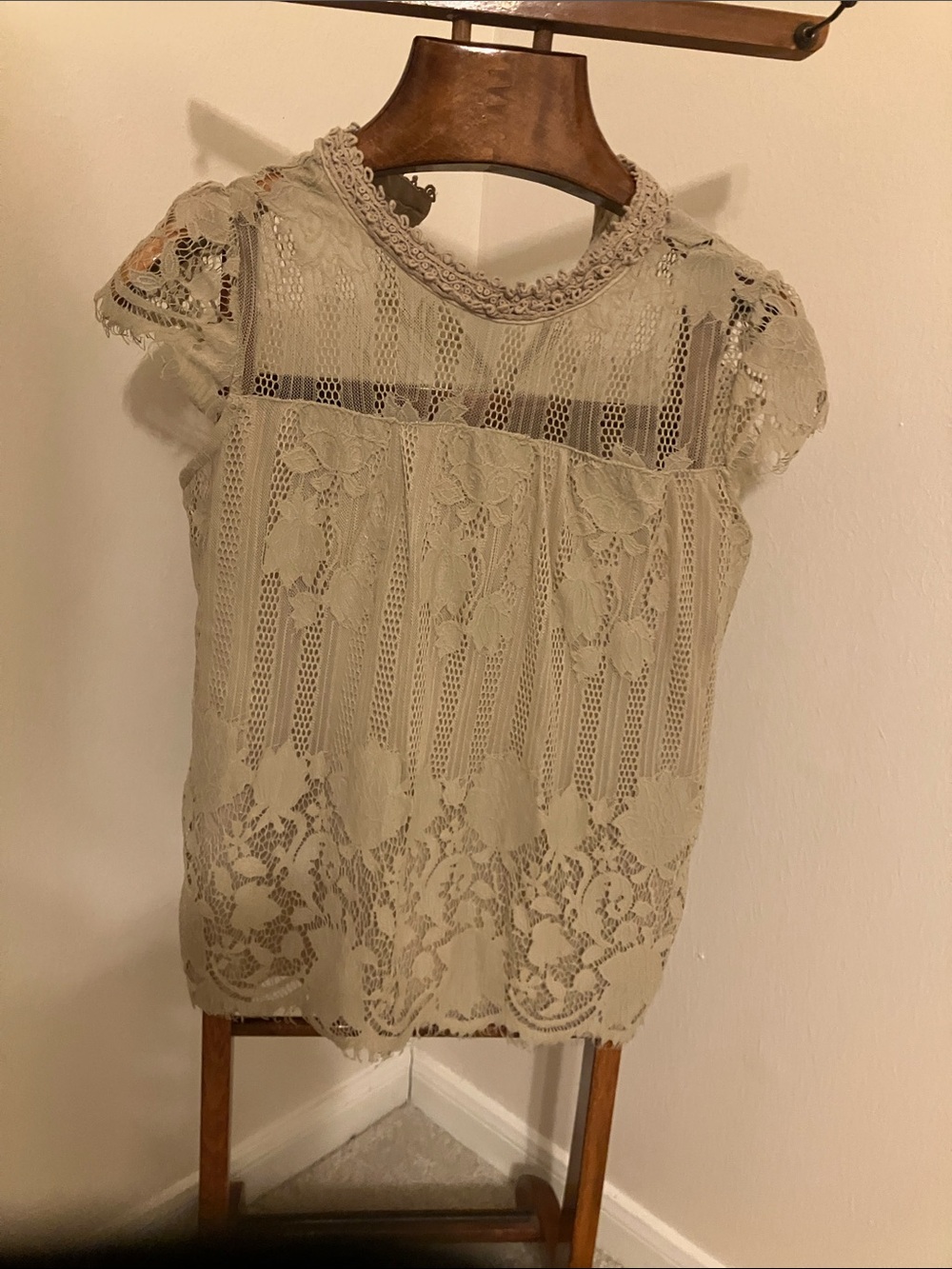 Ultra Pink Lace Short-Sleeve Blouse in Light Beige